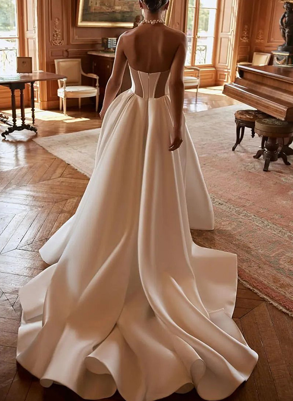 A-Line Detachable Sleeves Satin Wedding Dresses With High Split