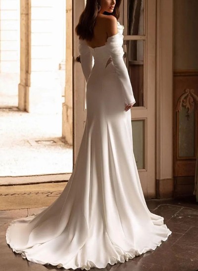 Sheath/Column Off-The-Shoulder Long Sleeves Sweep Train Wedding Dresses