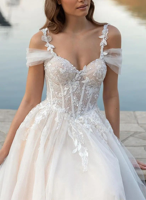 A-Line Off-The-Shoulder Tulle Wedding Dresses With Appliques Lace