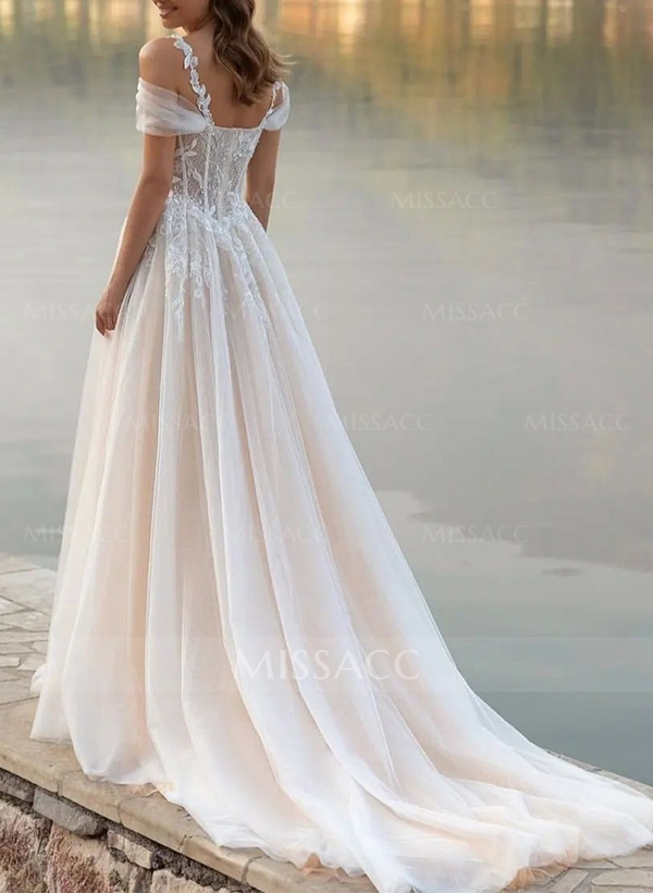 A-Line Off-The-Shoulder Tulle Wedding Dresses With Appliques Lace