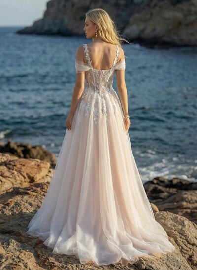 A-Line Off-The-Shoulder Tulle Wedding Dresses With Appliques Lace