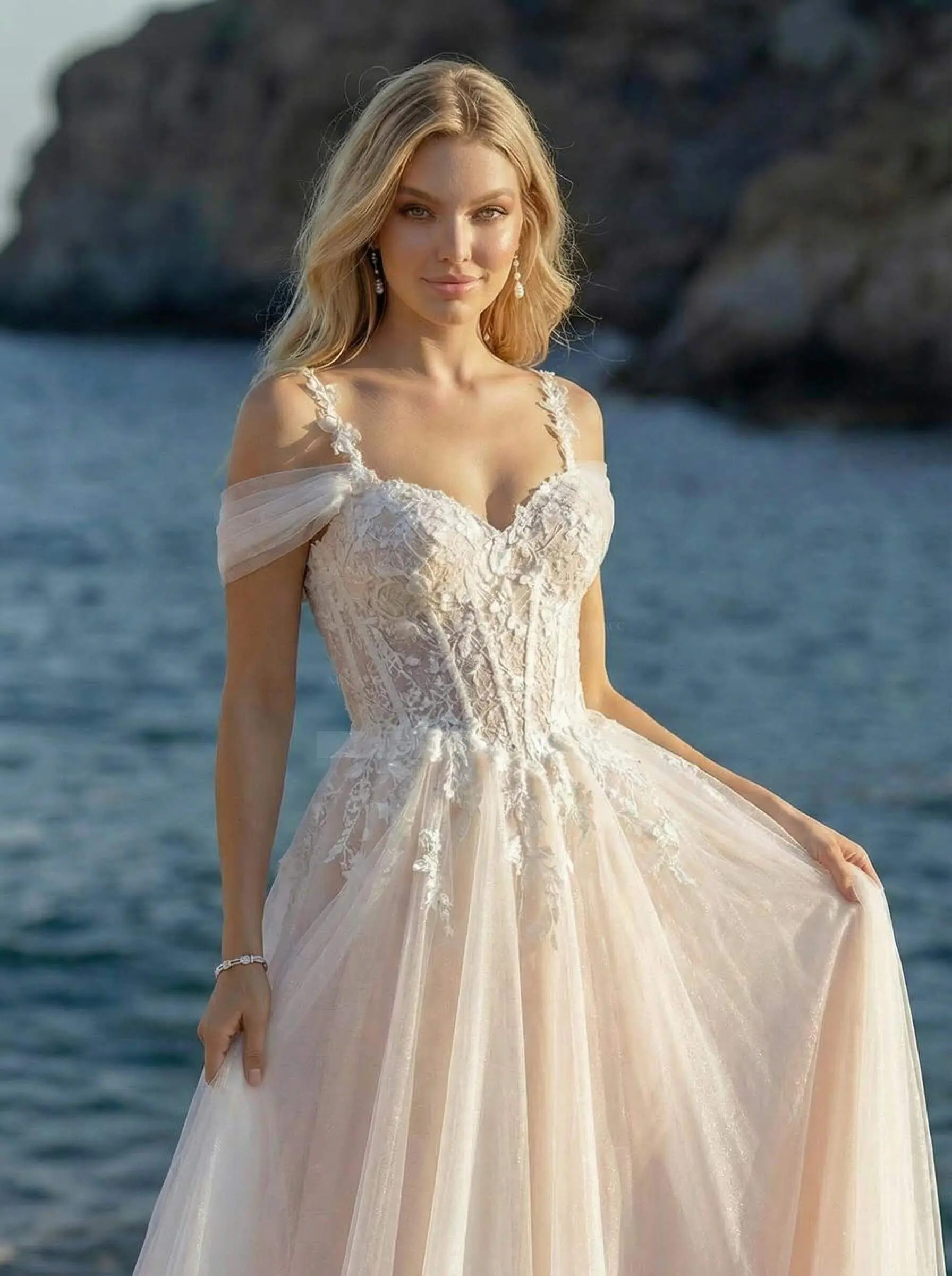navy blue dress for baby girl Elegant Off-The-Shoulder A-Line Wedding Dress with Floral Lace Detailing Plus Size Size 24W main image 1