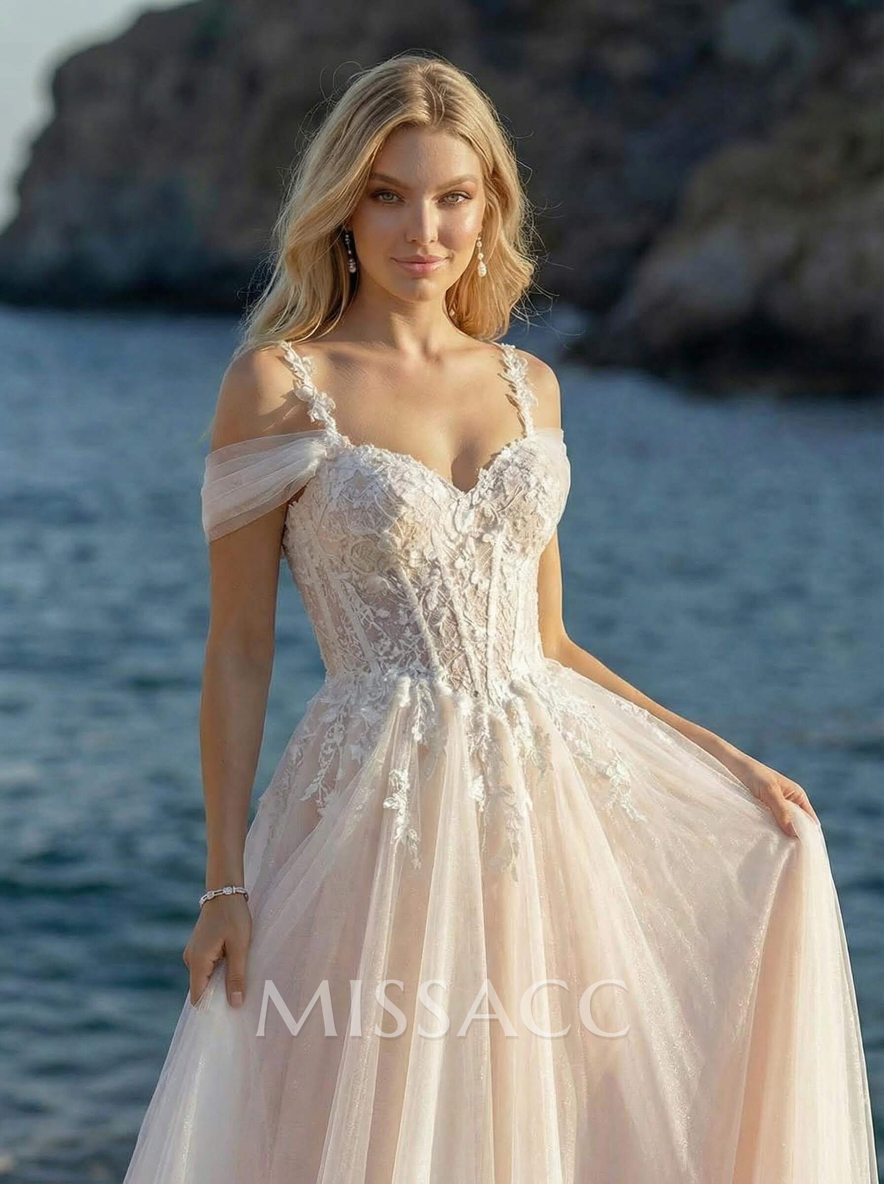 A-Line Off-The-Shoulder Tulle Wedding Dresses With Appliques Lace