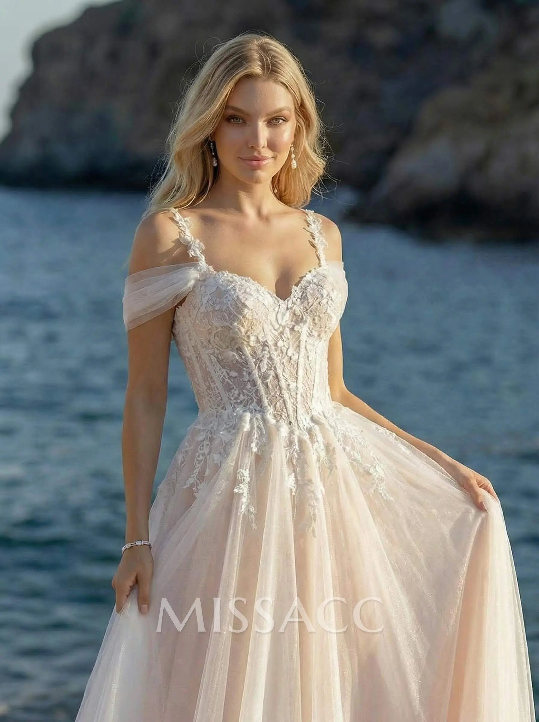 A-Line Off-The-Shoulder Tulle Wedding Dresses With Appliques Lace - Missacc