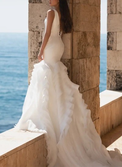 Trumpet/Mermaid V-Neck Sleeveless Tulle/Elastic Satin Wedding Dresses