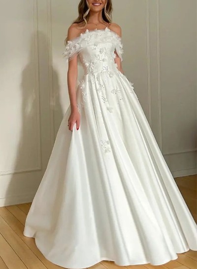 A-Line Off-The-Shoulder Sleeveless Satin Wedding Dresses With Flower(s)