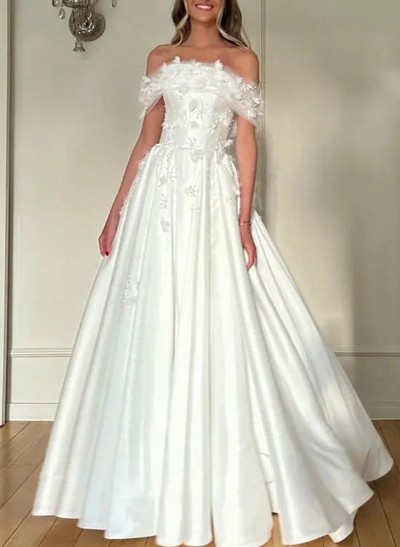 A-Line Off-The-Shoulder Sleeveless Satin Wedding Dresses With Flower(s)