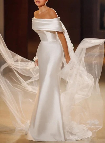 Sheath/Column Off-The-Shoulder Sleeveless Satin/Tulle Wedding Dresses