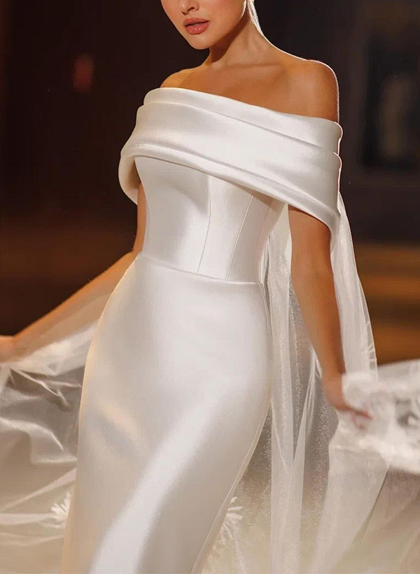 Sheath/Column Off-The-Shoulder Sleeveless Satin/Tulle Wedding Dresses