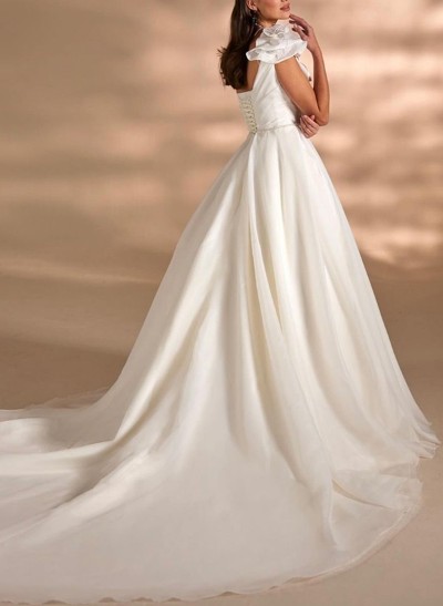 A-Line One-Shoulder Sleeveless Organza Wedding Dresses With Flower(s)