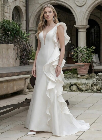 Trumpet/Mermaid Satin Wedding Dresses With Cascading Ruffles