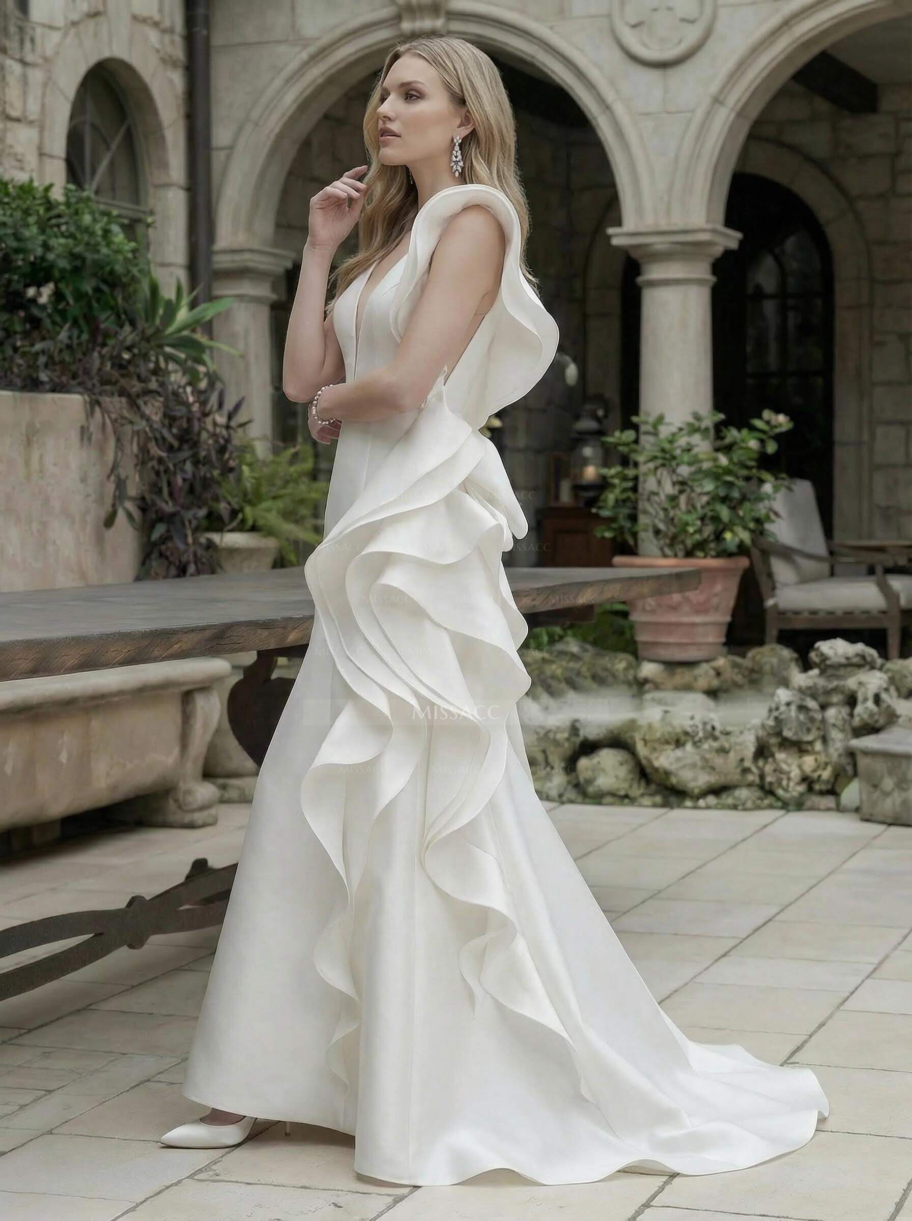 Trumpet/Mermaid Satin Wedding Dresses With Cascading Ruffles