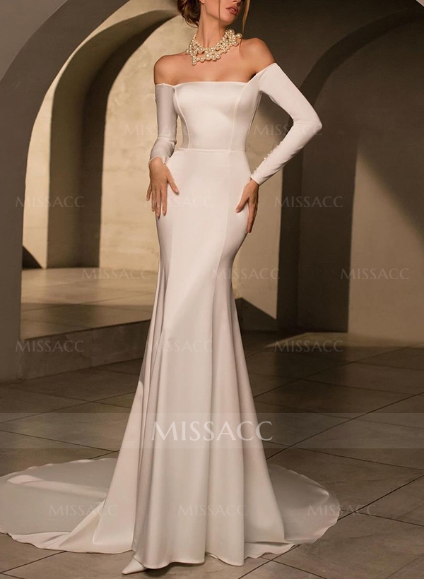 Trumpet/Mermaid Off-The-Shoulder Sweep Train Satin Wedding Dresses