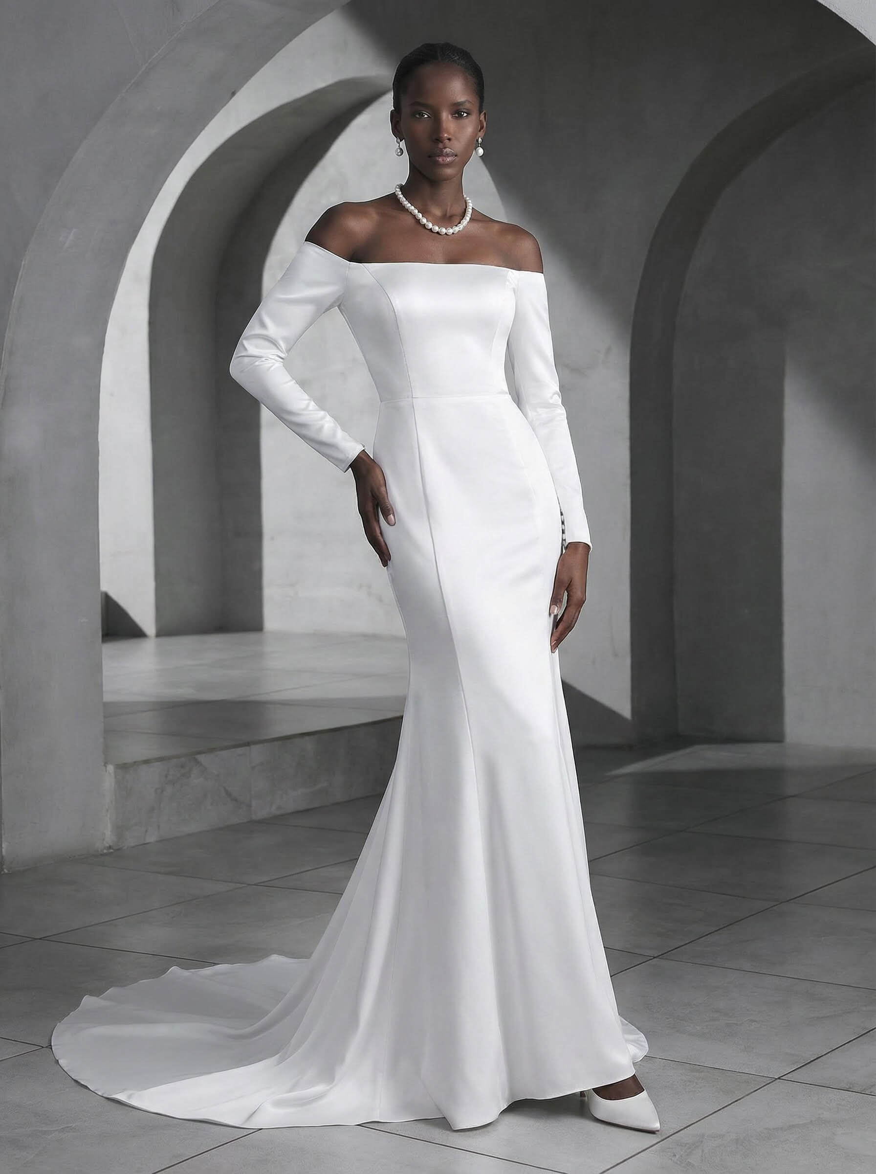 Trumpet/Mermaid Off-The-Shoulder Sweep Train Satin Wedding Dresses