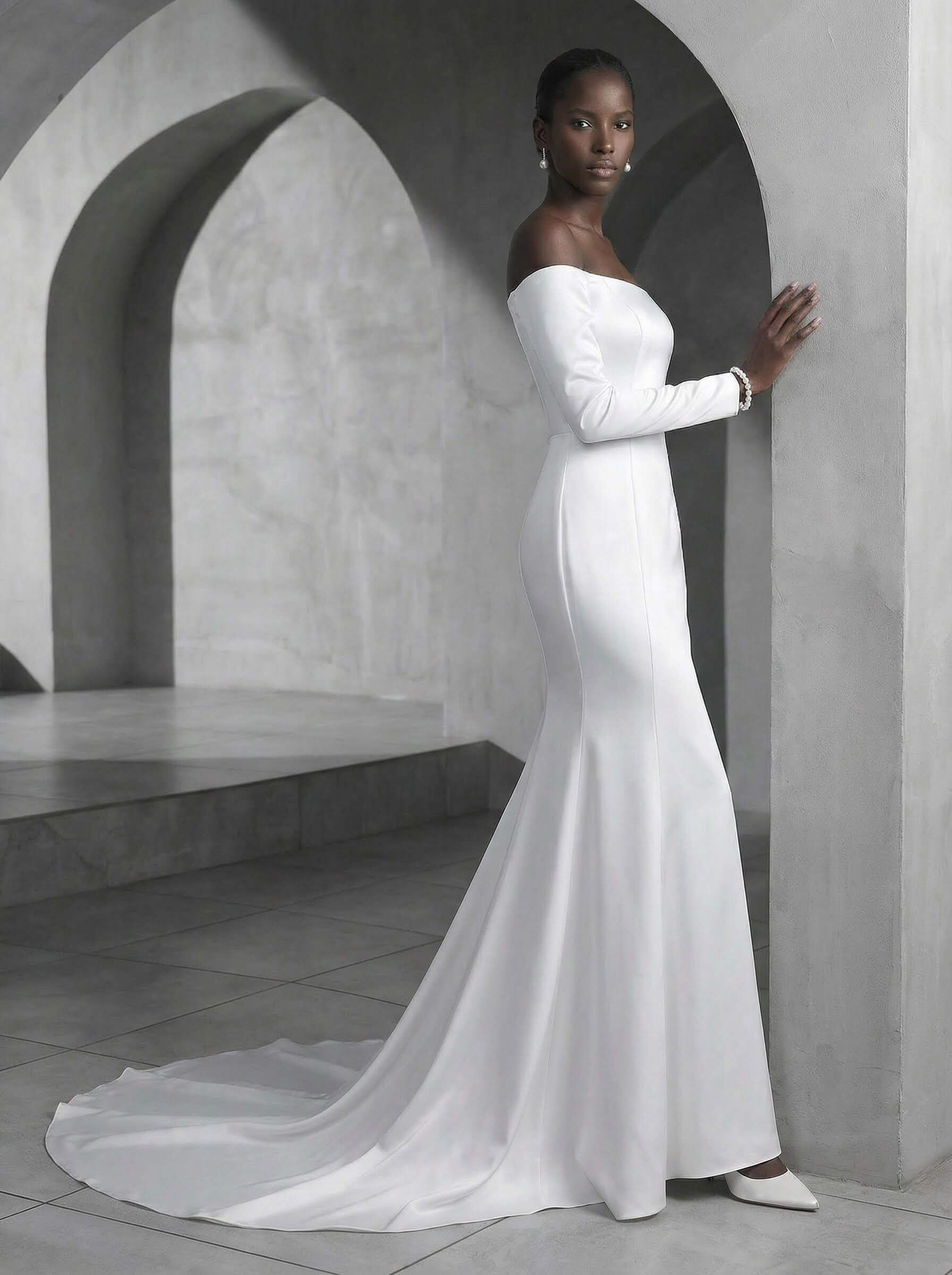 Trumpet/Mermaid Off-The-Shoulder Sweep Train Satin Wedding Dresses