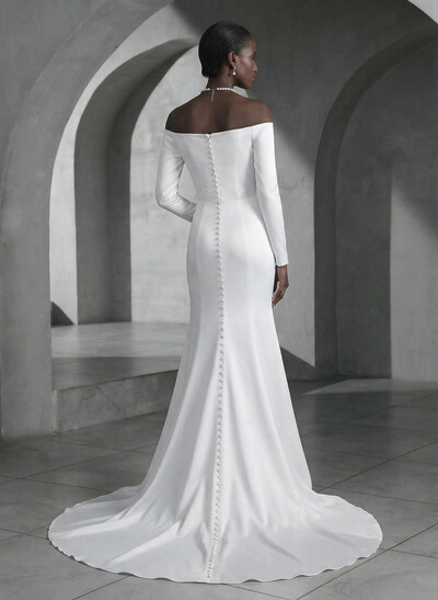 Trumpet/Mermaid Off-The-Shoulder Sweep Train Satin Wedding Dresses