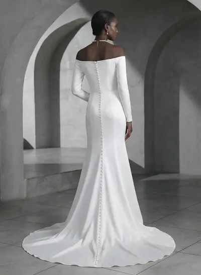 Trumpet/Mermaid Off-The-Shoulder Sweep Train Satin Wedding Dresses