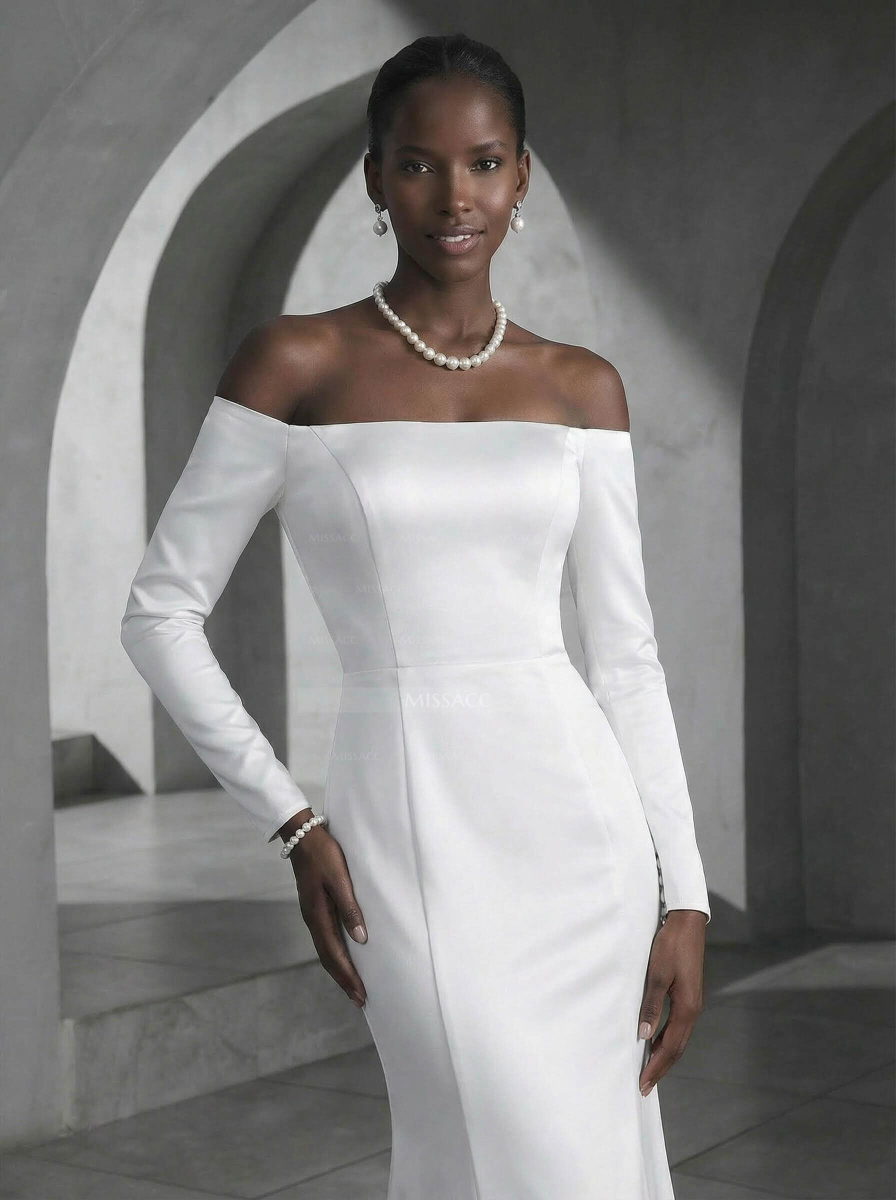 Trumpet/Mermaid Off-The-Shoulder Sweep Train Satin Wedding Dresses