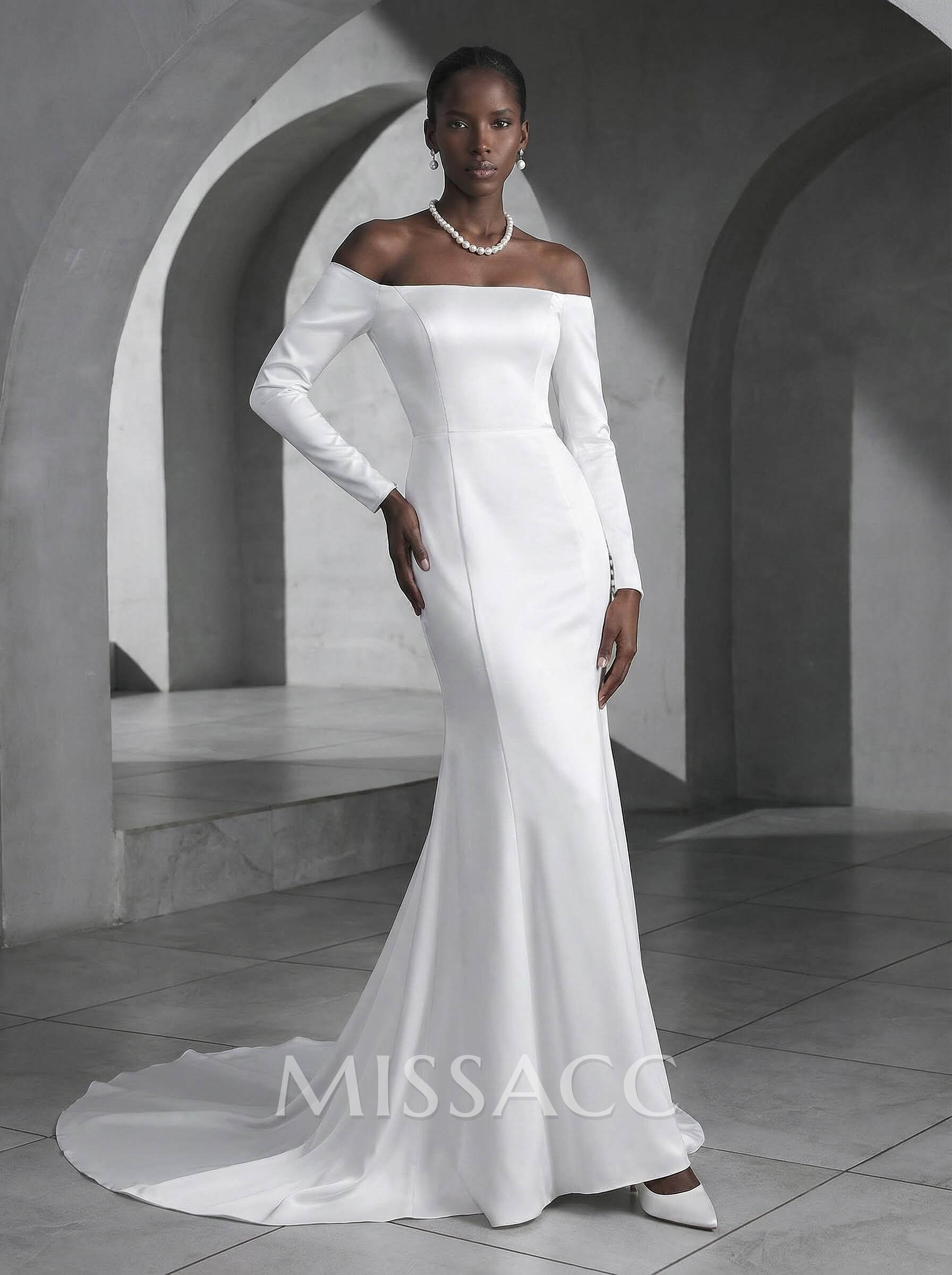 Trumpet/Mermaid Off-The-Shoulder Sweep Train Satin Wedding Dresses
