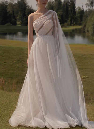 A-Line One-Shoulder Long Sleeves Tulle Wedding Dresses With Sequins