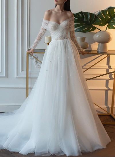 A-Line Off-The-Shoulder Long Sleeves Tulle/Sequined Wedding Dresses