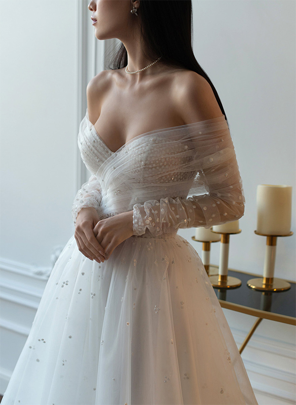 A-Line Off-The-Shoulder Long Sleeves Tulle/Sequined Wedding Dresses
