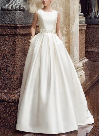 A-Line Scoop Neck Sleeveless Sweep Train Satin Wedding Dresses With Lace