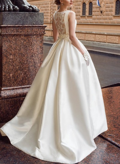 A-Line Scoop Neck Sleeveless Sweep Train Satin Wedding Dresses With Lace
