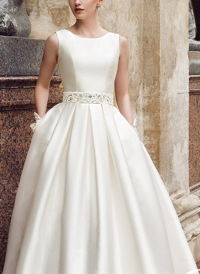A-Line Scoop Neck Sleeveless Sweep Train Satin Wedding Dresses With Lace