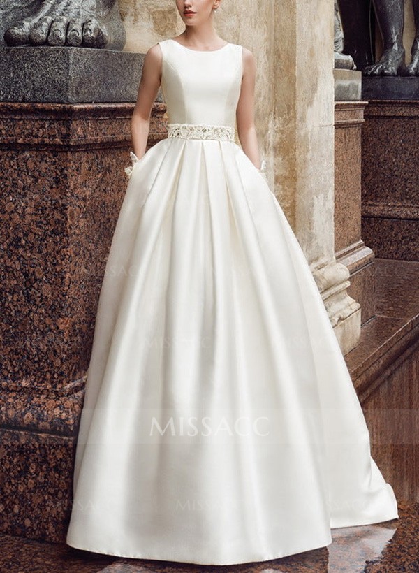 A-Line Scoop Neck Sleeveless Sweep Train Satin Wedding Dresses With Lace