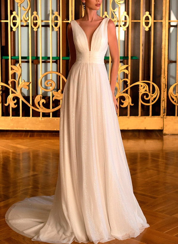 A-Line V-Neck Sleeveless Sweep Train Tulle/Sequined Wedding Dresses