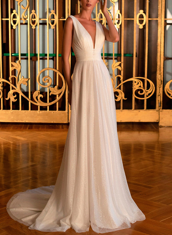 A-Line V-Neck Sleeveless Sweep Train Tulle/Sequined Wedding Dresses