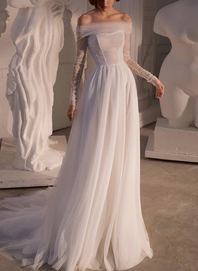 A-Line Off-The-Shoulder Long Sleeves Tulle Wedding Dresses With Beading