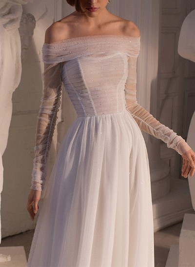 A-Line Off-The-Shoulder Long Sleeves Tulle Wedding Dresses With Beading