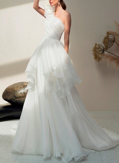 A-Line One-Shoulder Organza Wedding Dresses With Cascading Ruffles
