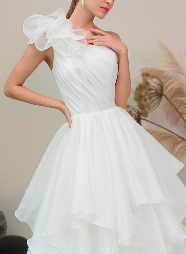 A-Line One-Shoulder Organza Wedding Dresses With Cascading Ruffles
