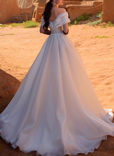 A-Line Off-The-Shoulder Sleeveless Sweep Train Organza Wedding Dresses