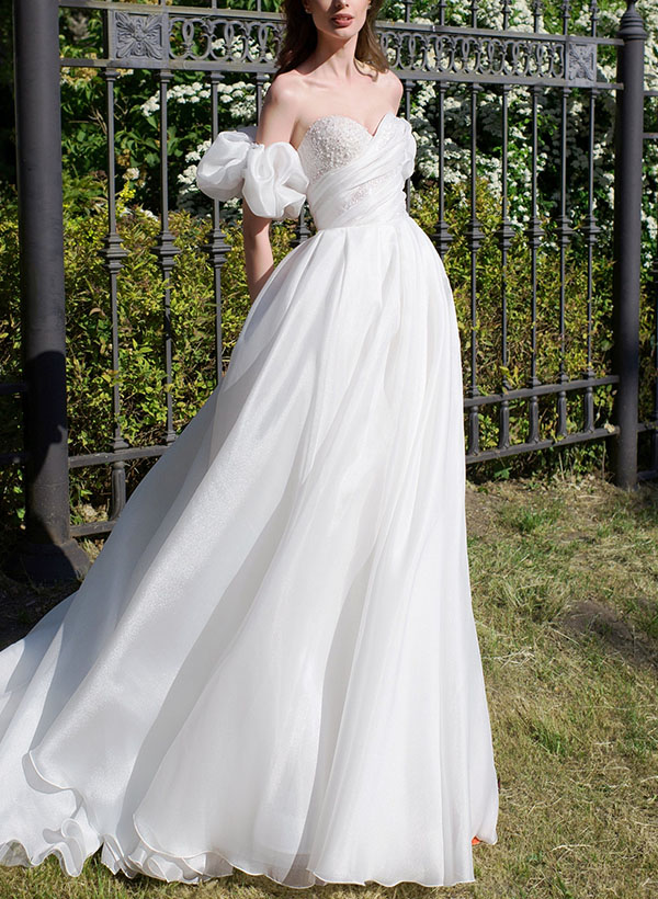 A-Line Off-The-Shoulder Sleeveless Organza Wedding Dresses With Beading