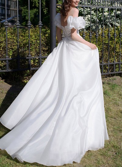 A-Line Off-The-Shoulder Sleeveless Organza Wedding Dresses With Beading