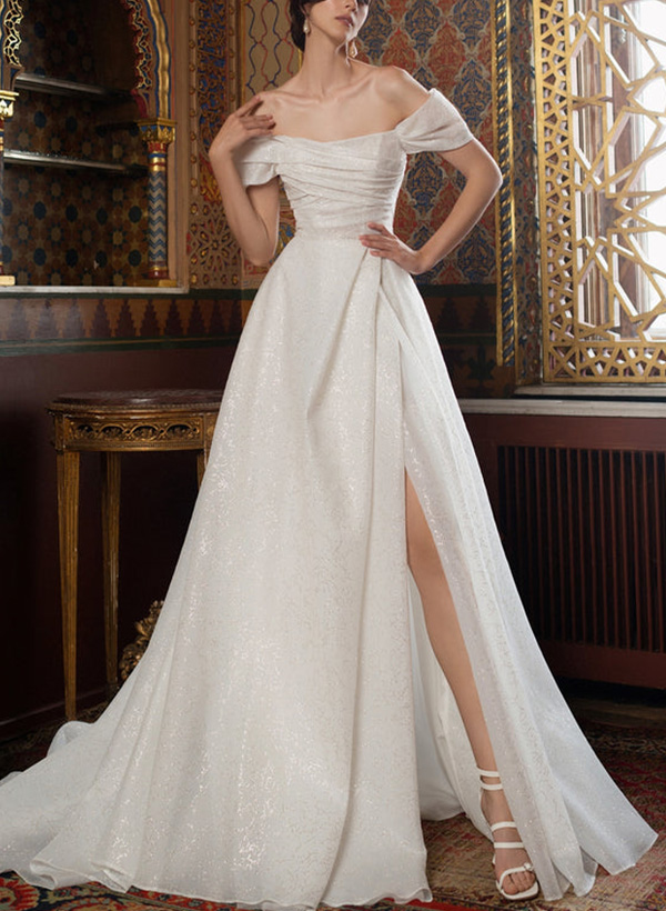 A-Line Off-The-Shoulder Sleeveless Sequined Wedding Dresses With High Split