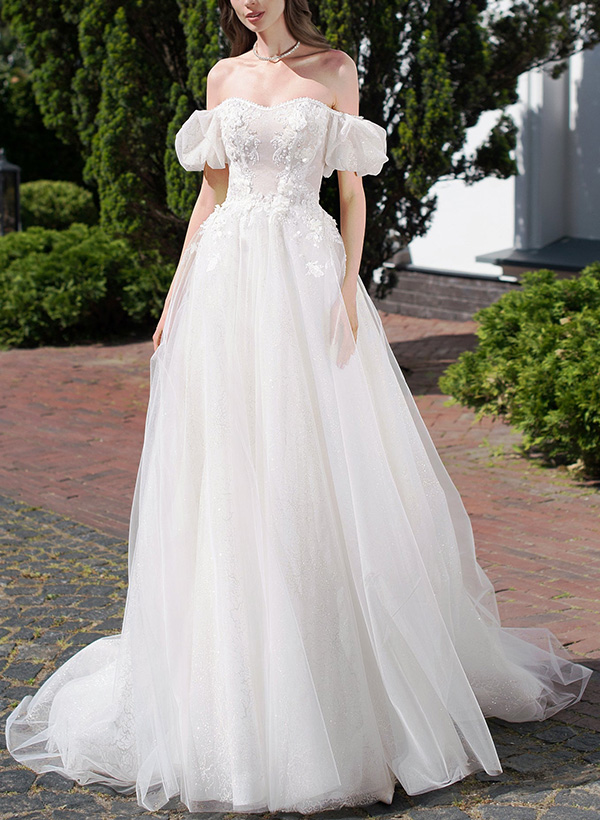 A-Line Off-The-Shoulder Tulle/Sequined Wedding Dresses With Appliques Lace