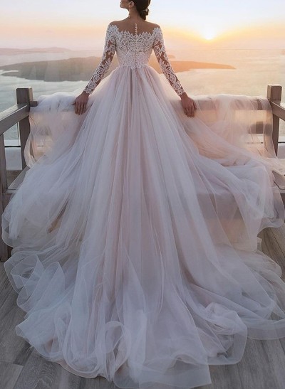 A-Line Illusion Neck Lace/Tulle Wedding Dresses With Appliques Lace