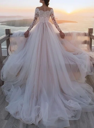 A-Line Illusion Neck Lace/Tulle Wedding Dresses With Appliques Lace