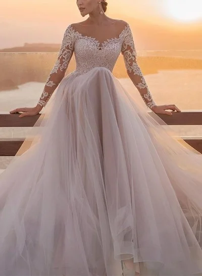 A-Line Illusion Neck Lace/Tulle Wedding Dresses With Appliques Lace