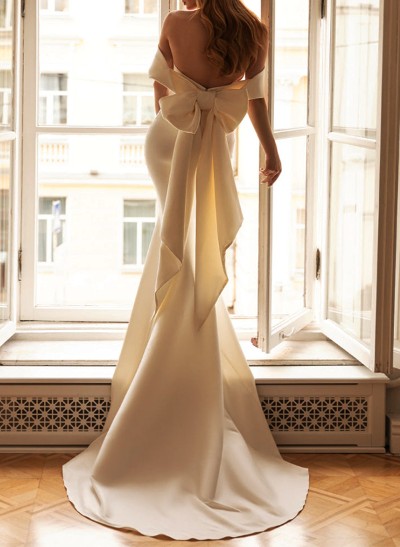Trumpet/Mermaid Off-The-Shoulder Satin Wedding Dresses With Bow(s)