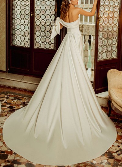 Sheath/Column One-Shoulder Sleeveless Sweep Train Satin Wedding Dresses
