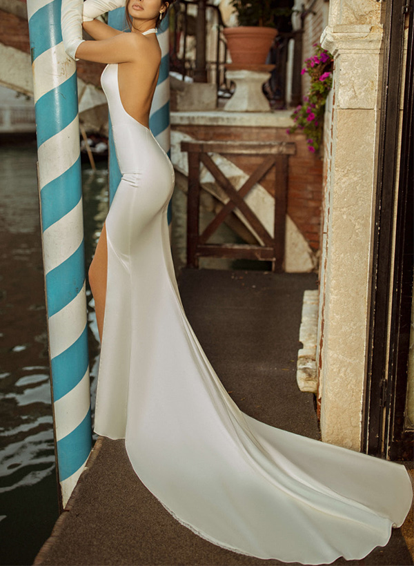 Trumpet/Mermaid Halter Sleeveless Satin Wedding Dresses With High Split