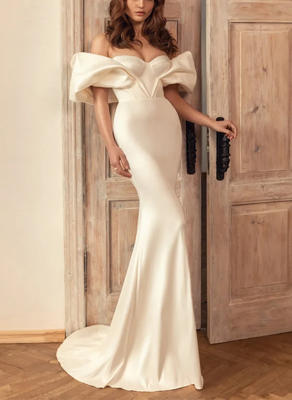 chinese dress ladies Trumpet-Mermaid Court Train Lace Stretch Satin Wedding Dress COCOMELODY CW3137, 35 Days / As Picture:Ivory/Sand / US6-UK8-EUR36