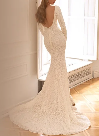 Trumpet/Mermaid Scoop Neck Long Sleeves Lace Wedding Dresses