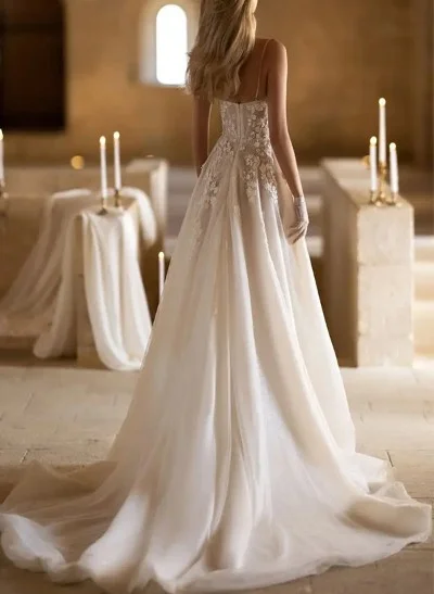 A-Line Sweetheart Sleeveless Tulle Wedding Dresses With Flower(s)